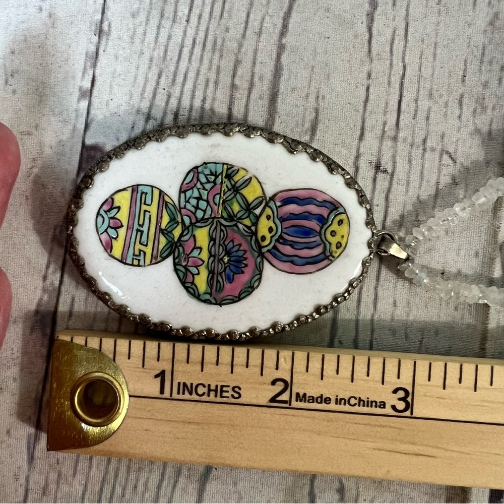 Vintage Blue Stone Necklace Oval Pottery Pendant hand-painted Ceramic Metal OOAK - Picture 5 of 16